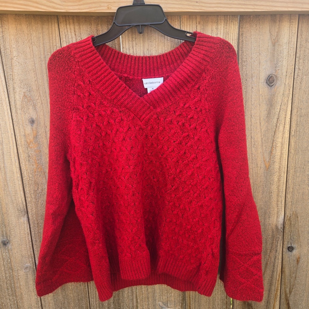 Liz Claiborne Red Cable Knit V-Neck Sweater Wide Cuff Women Medium Holiday Color